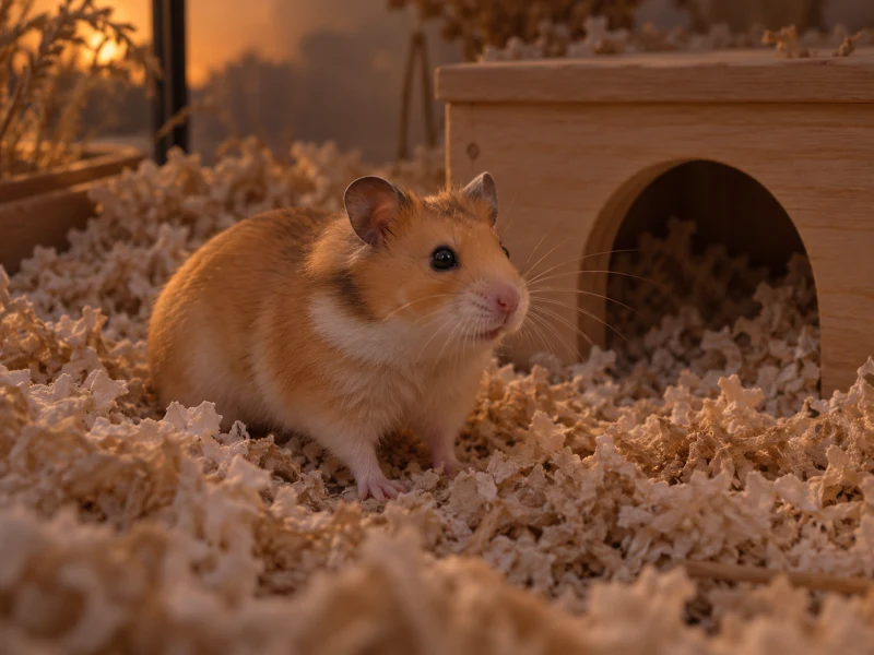 One golden Syrian hamster is awake beside a hide in bedding.