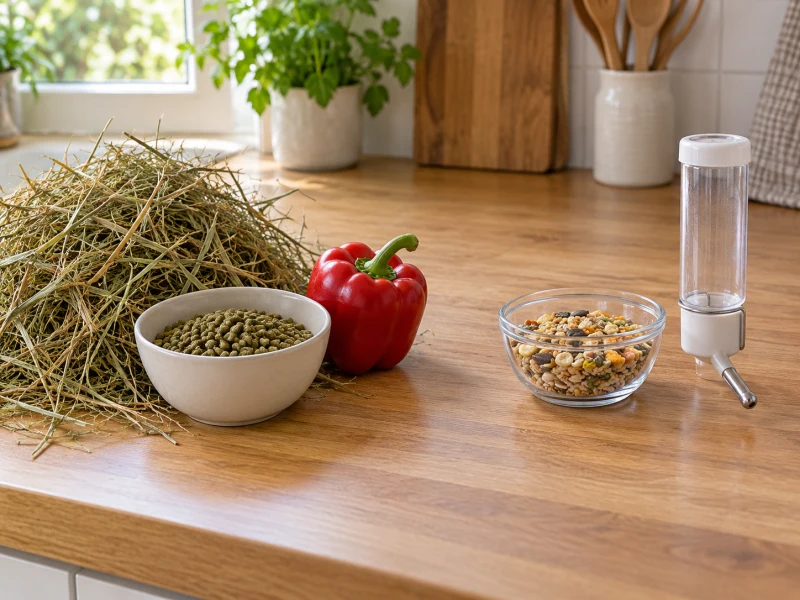 Separated hay and pellet items and a dry-feed bowl illustrate different small-pet diet plans.