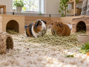 Two guinea pigs share hay, illustrating the social side of the guinea pigs and hamsters comparison.
