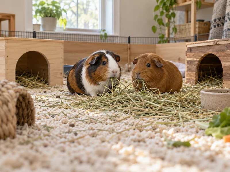 Two guinea pigs share hay, illustrating the social side of the guinea pigs and hamsters comparison.